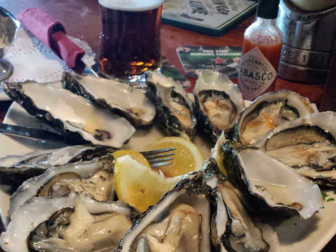 oysters with a pint of beer and Tabasco